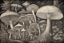 Exquisite Linework And Fine Details In A Delicate Drawing Of A Mushroom, Generative AI