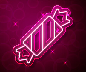 Sticker - Glowing neon line Candy icon isolated on red background. Merry Christmas and Happy New Year. Vector