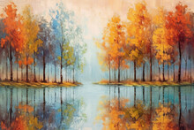 Landscape With Colorful Autumn Forest Near The Lake. Oil Painting In The Style Of Impressionism. Generative AI.