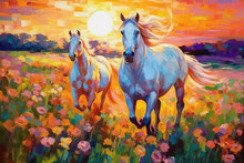 A Pair Of Horses In Love Run Towards The Sun Across A Colorful Field Of Flowers. Oil Painting In The Style Of Impressionism. Generative AI.