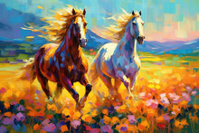 A Pair Of Horses In Love Run Towards The Sun Across A Colorful Field Of Flowers. Oil Painting In The Style Of Impressionism. Generative AI.