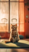 A Cat Sitting On A Yoga Mat In Front Of A Window. Generative AI Image.