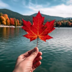 a person is holding a maple leaf in their hand and the lake is in the background.