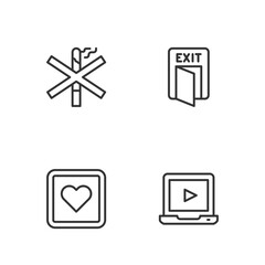 Poster - Set line Online play video, Like heart, No smoking and Fire exit icon. Vector