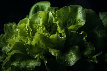 Fresh, vibrant lettuce against a dark background. Green leaves symbolize healthy eating. Detailed view emphasizes intricate leaf patterns, highlighting this essential salad ingredient. Generative AI.