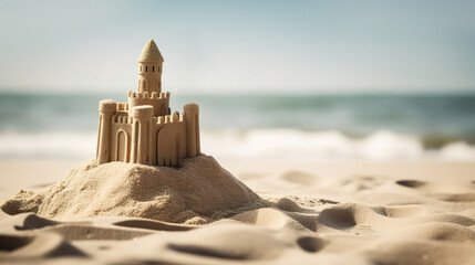 Beach sand castle on the beach. Vacation concept. AI generation