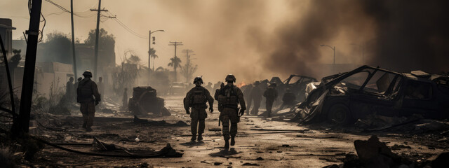 military special forces soldiers crosses destroyed warzone through fire and smoke in the desert, wide poster design with copy space area - Generative AI