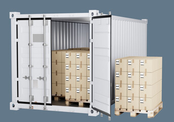 Open container for cargo. Pallets with boxes are ready for transportation. Twenty foot shipping container. Cardboard parcels inside transport tare. Metal container isolated on grey. 3d image