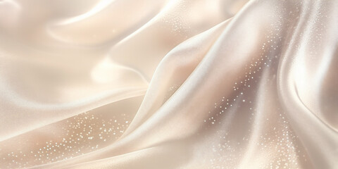 Beige silk glitter luxury fabric background, macro close up, copy space. Wave, textured. AI Generated