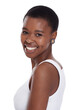 © DK Casting/peopleimages.com - Face, natural beauty and portrait of a black woman in studio for facial shine, skincare and dermatology. Happy headshot of real person from Africa isolated on a white background with a smile and glow