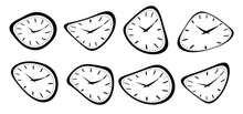 Cartoon Salvador Dal (S. Dali), Clocks Style. Time On Clock. Alarm Clock. Men's Or Women's Watche. Vector Pulse Clock, Wristwatch Timer. Stopwatch. Classic, Analog Hourglass Icon.