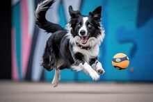 Border Collie Jumping With A Ball Against A Background Of A Wall. Generative AI