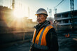 © MVProductions - Older asian construction site worker in hardhat looking away from camera with calm face outdoors, high quality generative ai