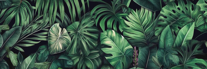 tropical leaves background, banner with green floral pattern, generative ai.