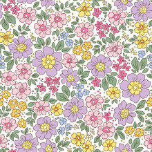 Vector Seamless Pattern. Pretty Pattern In Small Flowers. Small Lilac And Yellow Flowers. White Background. Trendy Floral Background. Elegant Template For Fashion Prints. Stock Vector.