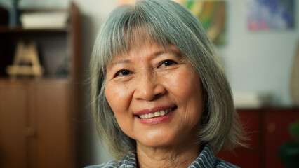 Wall Mural - Closeup of beautiful elderly woman pretty charmingly smile looking at camera. Close up of attractive old aged female sit on couch in cozy living room. Senior Lifestyle Concept.