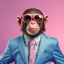 Portrait Of Monkey Wearing Business Suit With Tie And Pink Sunglasses. Generative AI Art