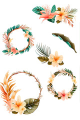 Canvas Print - Watercolor wreath with plants and tropical flowers. Hand drawn watercolor illustration isolated on white, AI Generated