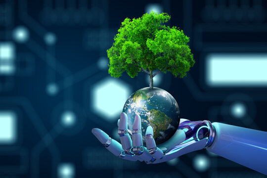 Wall Mural -  - Robot hand holding Tree on Earth with technological convergence blue background.Green computing, csr, IT ethics, Nature technology interaction, and Environmental friendly. Elements furnished by NASA.
