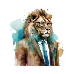 Trendy cartoon poster with lion fashion suit watercolor white background. Trendy vector illustration. Fashion, style clothes. Isolated vector illustration.