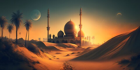 A picture of beautiful mosque in the desert for ramadan and eid mubarak background 