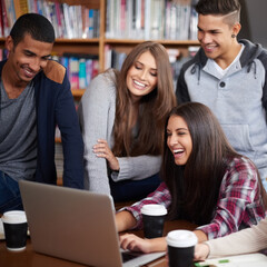 Aufkleber - Education, happy and people in library on laptop for social media, online learning and meme. University, diversity and happy men and women students on computer for knowledge, internet and website