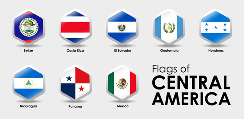 Wall Mural - Flag Icons countries of Central America. Simple Hexagon shape design. National flags icon set. Vector illustration on gray background