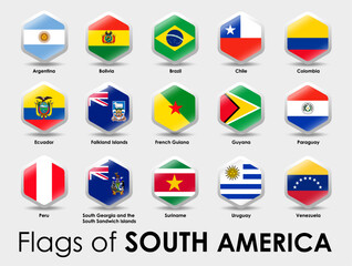 Wall Mural - Set of South America flags. Simple Hexagon shape design on gray background.