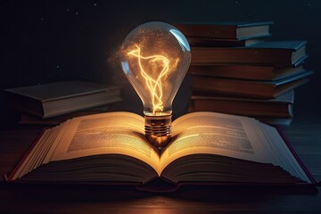 Wall Mural - Open Book with Light Bulb Idea. Education Concept. Creative Design, Learning and Study Background with Copy Space. Generative AI illustrations.