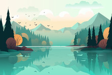 Beautiful Landscape Vector Illustration. Stunning Landscape Of A Mountain Lake At Dawn. Beautiful Landscape For Printing.
