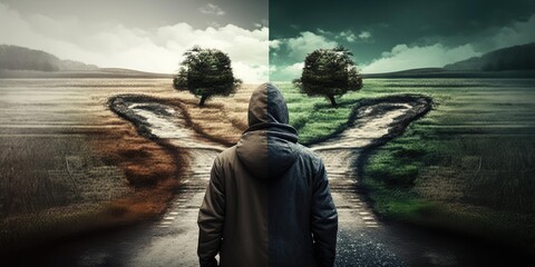 Wall Mural - Man at two roads deciding for best chance of environment protection. superlative generative AI image.