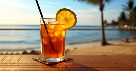 Concept of luxury vacation. Cuba Libre cocktail on the pier. Long island ice tea cocktail on the pier. Tropical vacation background. Right side angle. Clear blue sky. ocean beach on the background