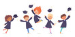 © backup_studio - Happy kids graduates jumping set, cute children holding diploma and mortarboard caps