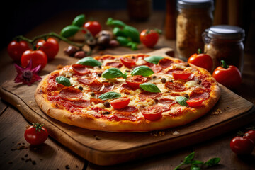 Hot tasty traditional pepperoni italian pizza with salami, olives, cheese, tomatoes and basil on wooden table decorated with vegetables and spices, AI Generated