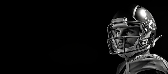 Black and white photorealistic studio portrait of an American football player on black background. Generative AI illustration