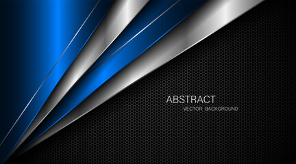 Abstract blue and silver polygons on dark steel mesh background. with free space for design. modern technology innovation concept background
