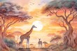 Watercolor illustration of giraffe in the savanna at sunset.