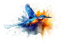 Watercolor Illustration Of A Common Kingfisher Bird In Flight.
