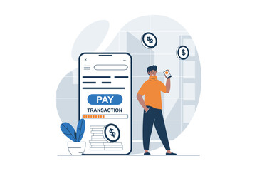 Fototapete - Mobile banking web concept with character scene. Man makes online payment and doing fast transaction in app. People situation in flat design. Vector illustration for social media marketing material.