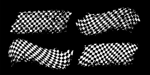 Aufkleber - Grunge waing car race flags set with scratches vector illustration. White checkered pattern of start and finish of auto rally and motocross, banner for karting sport, championship trophy on black