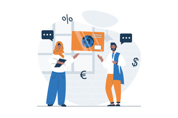 Wall Mural - Payment web concept with character scene. Arabic muslim man and woman using online banking and credit card. People situation in flat design. Vector illustration for social media marketing material.