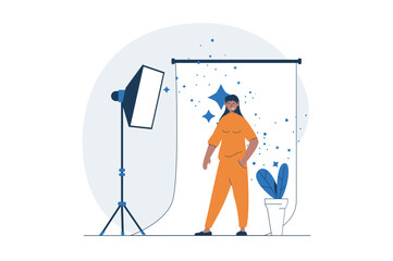 Aufkleber - Podcast streaming web concept with character scene. Woman posing in studio, show making backstage process. People situation in flat design. Vector illustration for social media marketing material.