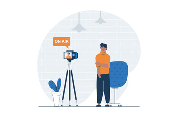 Aufkleber - Podcast streaming web concept with character scene. Man standing to camera and trying to recording in studio. People situation in flat design. Vector illustration for social media marketing material.