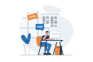 Leinwandbilder - Programming web concept with character scene. Man working with php and html languages and making program. People situation in flat design. Vector illustration for social media marketing material.