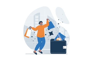 Poster - Shopping web concept with character scene. Woman happily jumping and holding bags, making bargain purchases. People situation in flat design. Vector illustration for social media marketing material.