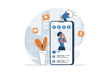 Leinwandbilder - Social media marketing web concept with character scene. Woman making advertising promotion with new posts. People situation in flat design. Vector illustration for social media marketing material.