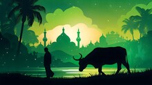 Sillhouette Of Muslim Man Sacrifices Cow In Mosque During Hajj With Cow, Eid Al-Adha Illustration, Generative AI