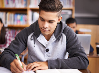 Aufkleber - Learning, writing and college with man in library for education, research and classroom quiz. Focus, study and notebook with male student on university campus for knowledge, scholarship and project
