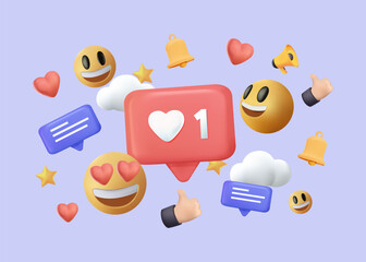 3d social media platform, social media 3d concept. like, heart, thumbs up smile emoji. 3d render onl