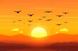 flock of migratory birds at sunset. simple minimal tech illustration.